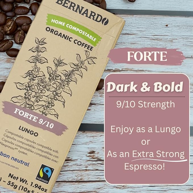 Bernardo FORTE Lungo Biodegradable Capsules Compatible with Nespresso Original Line Intensity 9/10 USDA Organic Home Compostable Capsules. 100 Count (10 Boxes of 10 Lungo Pods)