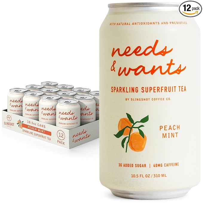 Needs &amp Wants Sparkling Tea - Peach Mint 10.5oz Cans (12 Pack) | Organic Superfruit Tea with Cascara Sweet Peach &amp Cooling Mint Lightly Sweet with Refreshing Summer Flavor and Natural Caffe