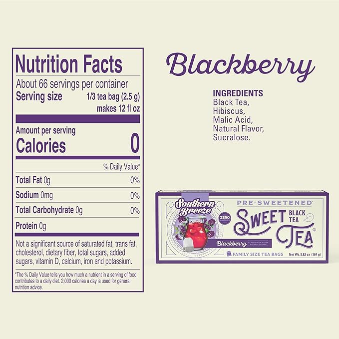 Southern Breeze Hot Brew Sweet Tea Blackberry Iced Tea with Black Tea and Zero Carbs Zero Sugar 22 Family Size Tea Bags Pack of 6