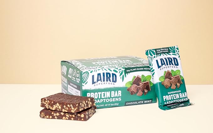 Laird Superfood Functional Protein Bars – Protein Bar but Better with Real Ingredients Functional Mushrooms 10g Plant-Based Protein 6g Fiber - Non-GMO - Mint Chocolate 10 Count (Pack of 1)