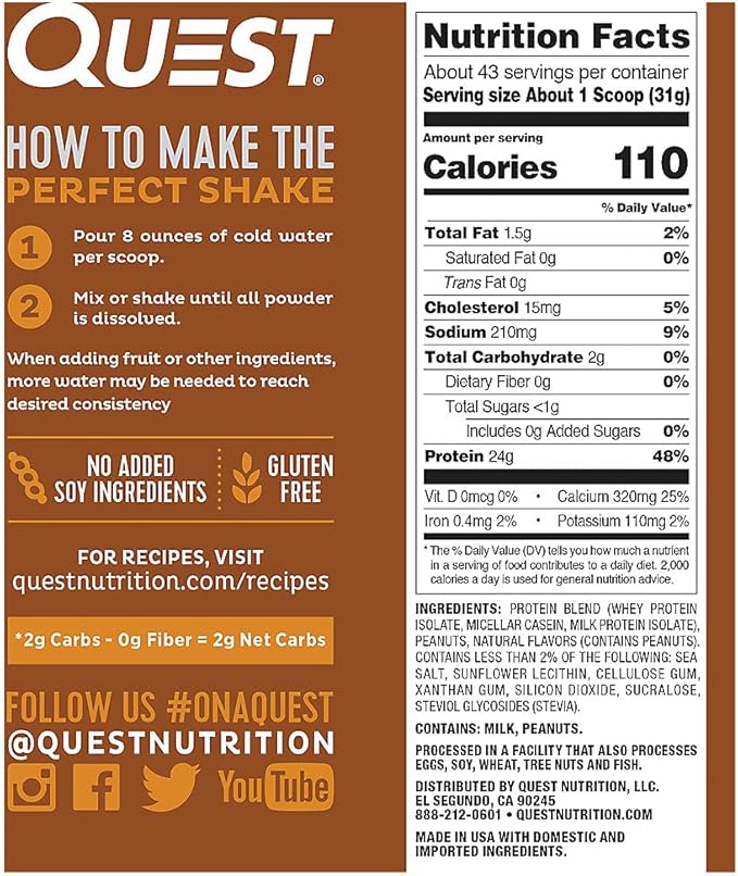 Quest Nutrition Vanilla Milkshake Protein Powder 24g of Protein 1g of Sugar Low Carb Gluten Free 3 Pound 43 Servings &amp Peanut Butter Protein Powder 23g Protein 1g Sugar Low Carb Gluten F