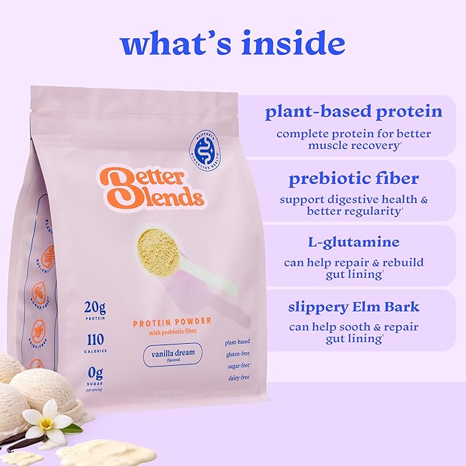 Gut-Friendly Protein Powder for Sensitive Stomachs Low FODMAP 20g Vegan Pea &amp Rice Protein with Prebiotic Fiber Dairy-Free Gluten-Free No Gums or Added Sugar - Vanilla Dream