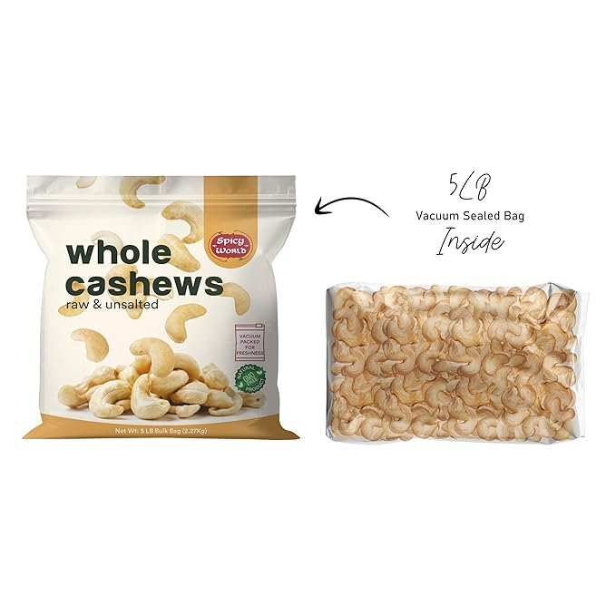 Spicy World Raw Cashews 5 LB (80oz) Bulk - Non-GMO Gluten Free Peanut Free No Additives Unsalted Natural &amp Pure Whole Cashews - Great for Pesto Salads Baking Roasting &amp Cooking