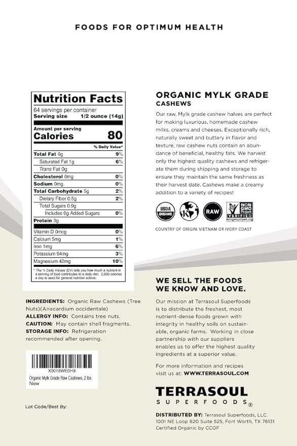Terrasoul Superfoods Organic Raw Cashews (Mylk Grade) 6 Lbs (Pack of 3) Premium Quality for Snacking Desserts Cashew Milk and Nut Butter Making