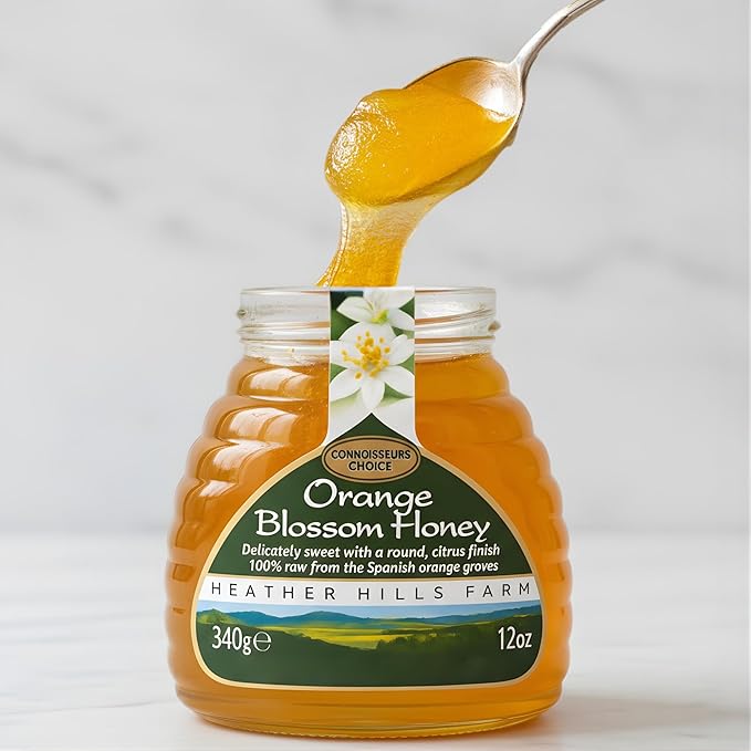 Heather Hills Farm Raw Spanish Orange Blossom Honey 340g (12oz) | Pure Natural Artisan Monofloral Honey from Spain in Glass Jar | Unfiltered &amp Unpasteurized Delicately Sweet Citrus Finish