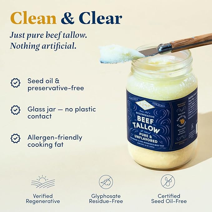 FOND Regenerative Grass-Fed Beef Tallow for Cooking – High Smoke Point Grass Fed Beef Tallow for Frying Sautéing &amp Roasting – Sustainably Sourced Seed Oil Free – Pure &amp Unflavored 14oz