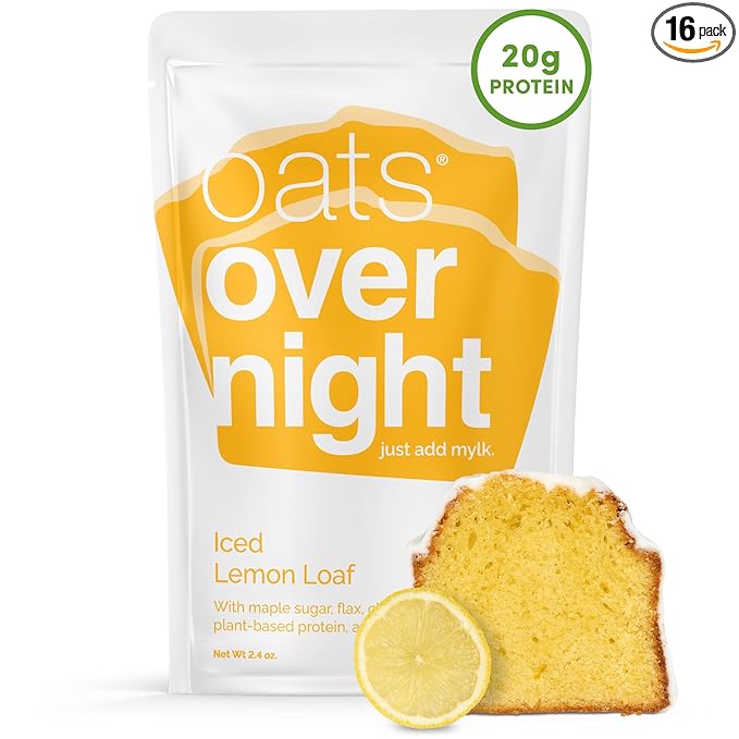 Oats Overnight Iced Lemon Loaf - Overnight Oats with 20g Plant-Based Protein High Fiber Breakfast Protein Shake - Vegan Gluten Free Oatmeal Non GMO High Protein Oatmeal (2.4 oz per Meal) (16 Pack)