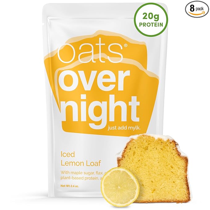 Oats Overnight Iced Lemon Loaf - Overnight Oats with 20g Plant-Based Protein High Fiber Breakfast Protein Shake - Vegan Gluten Free Oatmeal Non GMO High Protein Oatmeal (2.4 oz per Meal) (8 Pack)