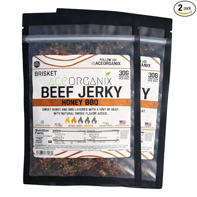 Ace Organix Brisket Beef Jerky High Protein Snack HoneyBBQ Made in USA (2 Pack)