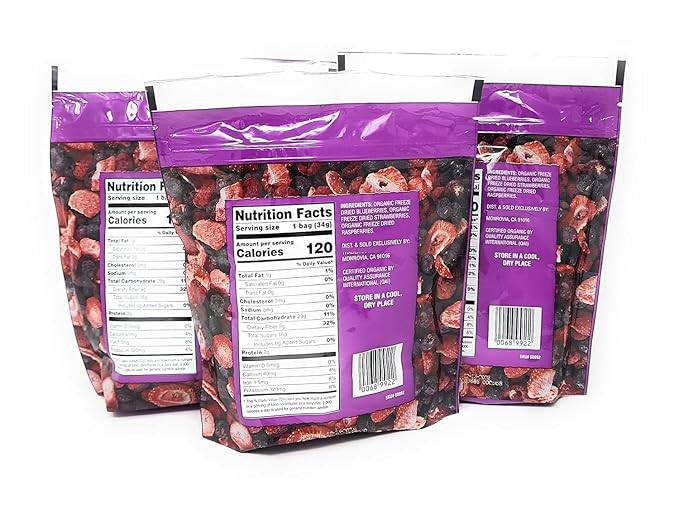 Organic Freeze Dried Berry Medley (A Blend of Organic Blueberries Strawberries and Raspberries) Net Wt. 1.2 Oz (34g) - Pack of 3