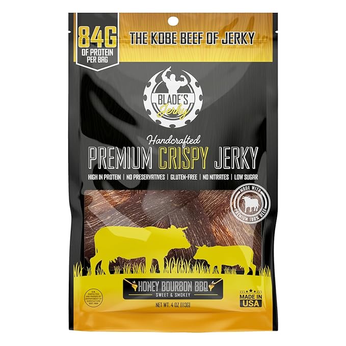 Blade's Jerky Honey Bourbon BBQ Premium Crispy Beef Jerky | High Protein Snack Gluten Free Keto Friendly | 4.0oz Honey Bourbon BBQ