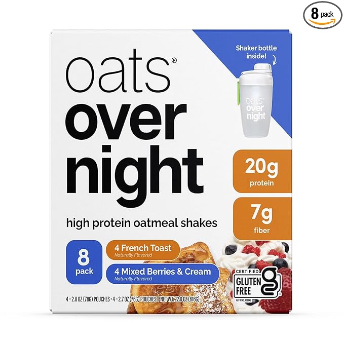 Oats Overnight High Protein Oatmeal 8 Pack Shaker Bottle - Mixed Berries &amp Cream + French Toast