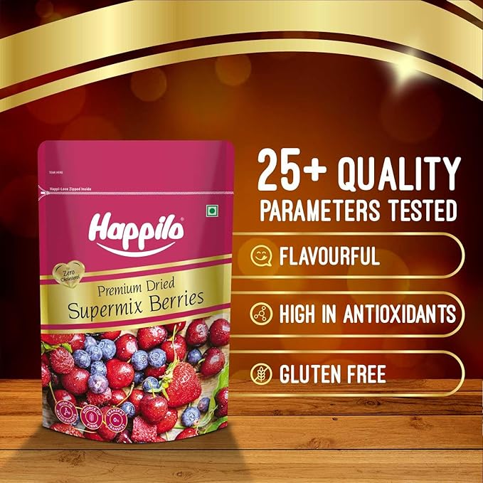 Happilo Premium Dried Super Mix Berries 200gm | Tasty &amp Healthy Berries | Rich in Antioxidant | Contains Dried Strawberries Cranberries Cherry &amp Raisins Mix | Real Dried Berries