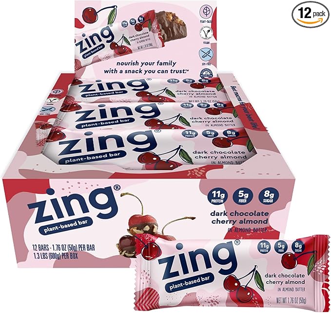 Zing Dark Chocolate Cherry Vegan Protein Bars Gluten Free with High Protein High Fiber Dairy Free Nutrition Bars Plant Based Protein Kosher Low Sugar No Sugar Alcohols - 12 count