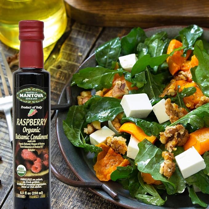 Mantova Organic Flavored Balsamic Vinegar of Modena 4-Variety Pack: Fig Pear Pomegranate &amp Raspberry Perfect for Gift Basket Add to Pasta Salad Ice Cream and Cocktails 8.5 oz per bottle