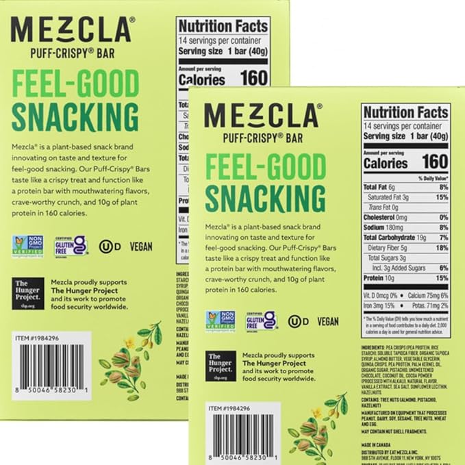 Mezcla Plant Based Protein Bars Puff-Crispy Bar Pistachio Chocolate 1.4 oz Bars Plant-Based Protein Snack Gluten Free 14 Count (Pack of 2)