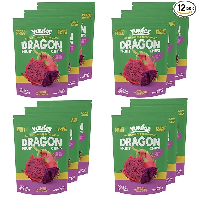 YUNiCE Dragon Fruit Chips freeze dried dragon fruit snack red dragon fruit 100% real fruit no sugar added gluten free plant-based crispy on-the-go pouches DRAGON FRUIT 0.70 Ounce (Pack of 12)