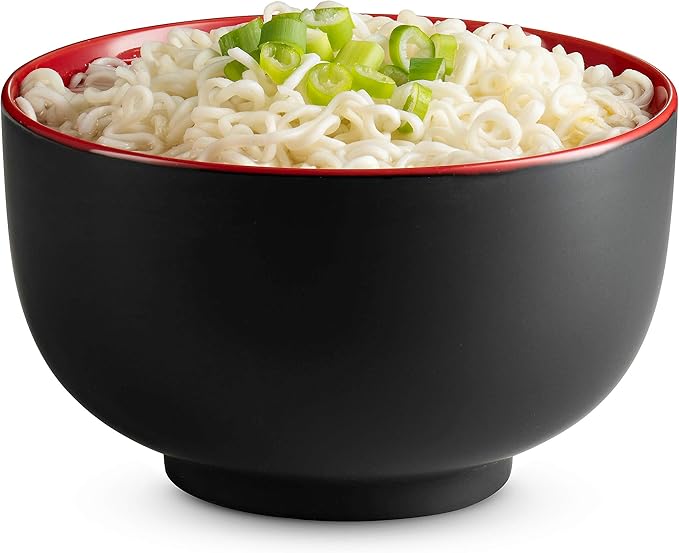 KooK Ramen Bowl Japanese Bowls Noodle Bowls Large Soup Bowl Ceramic Large Capacity For Ramen Pho Udon Soba Microwave and Dishwasher Safe 34 oz Set of 4 (Black/Red)