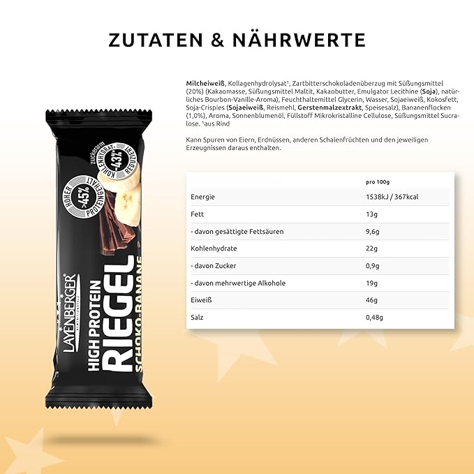 Layenberger High Protein Bar Fitness Power Bar Lots of Protein Low Sugar Pack of 18 (18 x 35 g) - Chocolate Banana