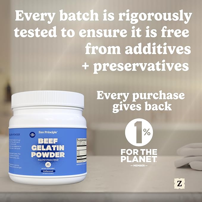 Zen Principle Grass-Fed Gelatin Powder 1.5 lb. Custom Anti-Aging Protein for Healthy Hair Skin Joints &amp Nails. Paleo and Keto Friendly. Cooking and Baking. GMO-Free and Gluten-Free. Unflavored.