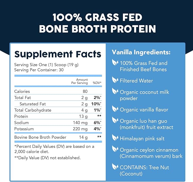 Paleovalley 100% Grass Fed Beef Bone Broth Protein Powder - Rich in Collagen Peptides for Hair Skin Gut Health Bone and Joint Support - 13g Protein Per Serving - No Gluten or GMOs - Vanilla