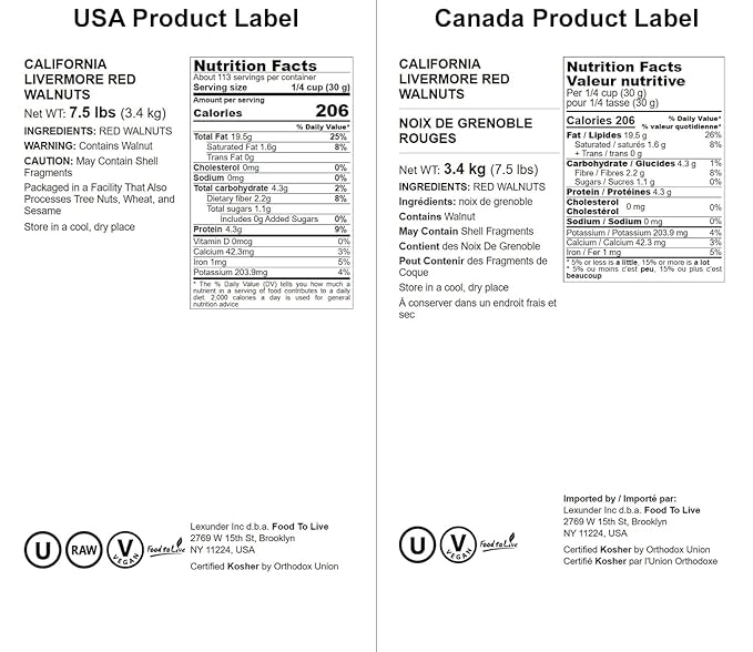 Food to Live - California Livermore Red Walnuts 7.5 Pounds Raw No Shell Kosher Unsalted Natural Sirtfood Bulk