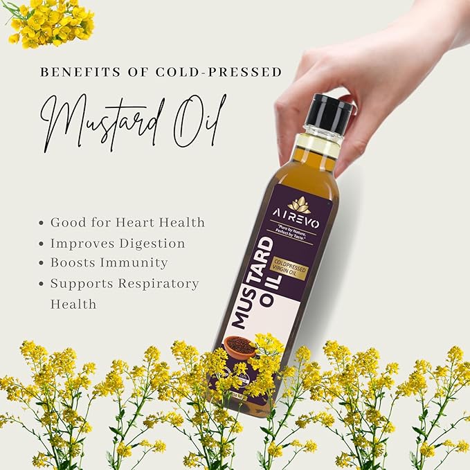 AIREVO Unrefined Wood Pressed Black Mustard Oil – Kolhu/Kacchi Ghani/Chekku/Marachekku Cold Pressed – Pure &amp Chemical-Free – Kachi Ghani Sarso Tel – Rich In Nutrients –(500ML)
