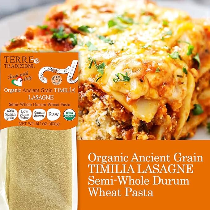 TERRE E TRADIZIONI 6 PACKS ORGANIC ITALIAN SEMI WHOLE DURUM LASAGNA PASTA – Sicilian Ancient Grain Timilia Vegan Crafted in Italy. LOW-GLUTEN INDEX. Has 6X More Fiber and Protein than Popular Grains