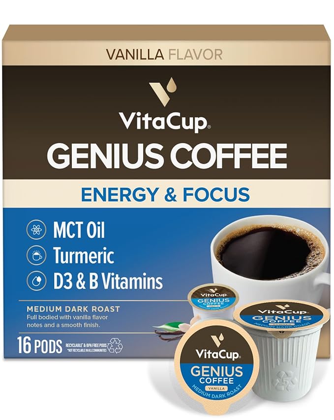 VitaCup Genius Vanilla Keto Coffee Pods w/MCT Oil Turmeric B Vitamins &amp D3 for Energy &amp Focus in Single Serve Pod Compatible with K-Cup Brewers Including Keurig 2.0 16 CT