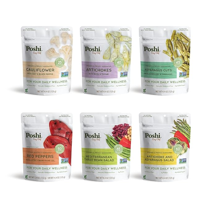 POSHI Marinated Vegetables Variety Pack | All Natural Fully Cooked Ready-to-Eat Keto Vegan Paleo Non GMO Low Calorie Gluten Free Pentry Food Gourmet Healthy (6 Pack)