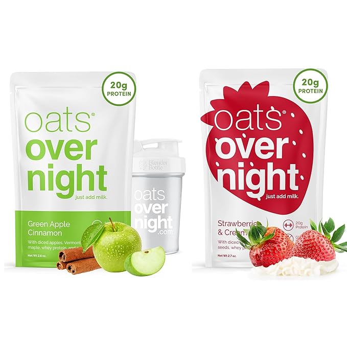 Oats Overnight Green Apple Cinnamon 8 Pack + BlenderBottle &amp Strawberries &amp Cream 8 Pack - 20g Protein High Fiber Breakfast Shake - Gluten Free Non GMO Oatmeal
