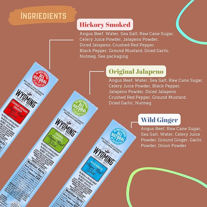 Wyoming 100% Grass Fed Beef Sticks - 4X Each Flavor - Cowboy Hickory smoke Wild Ginger &amp Original Jalapeno - Clean Tasty Meat Sticks snacks with 6g of protein made with Angus Beef Sticks Nitrate