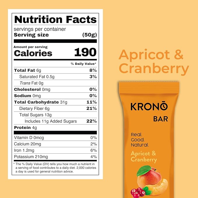 Krono Nutrition Energy Bar - Made with Natural Ingredients - Vegan - Gluten Free - Nuts Free - Soy Free - 50 gram per bars - 12 bars per box (12 count Apricot &amp Cranberry)