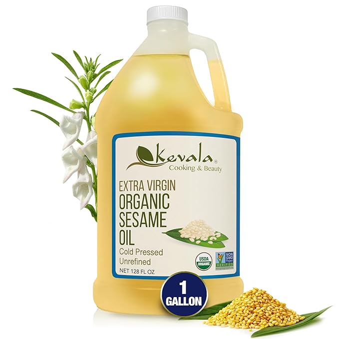 Kevala Organic Extra Virgin Sesame Oil – Cold Pressed Unrefined &amp Non-GMO Cooking Oil for Salad Frying Baking and Skin or Hair Use – Gluten Free &amp Kosher Certified – 128 Oz