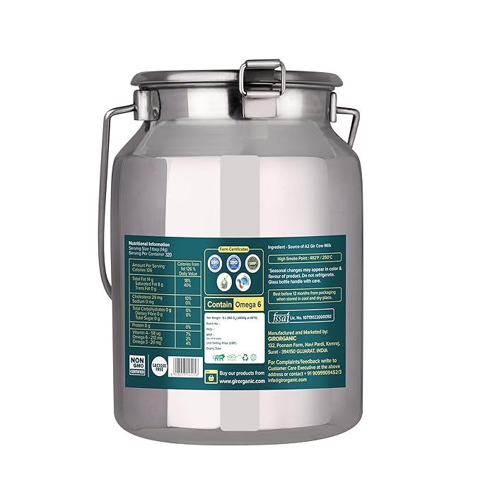 GirOrganic Grass Fed A2 Ghee Clarified Butter from Girorganic - Unsalted Gir Cow Ghee Butter - Organic Ghee Oil - Pasture Raised Non-GMO Lactose-Free (160 Oz)