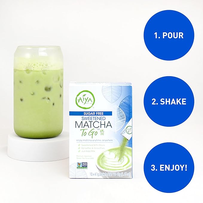 Aiya Sugar-Free Sweetened Matcha To Go Sticks - Stevia Sweetened Packets Premium Japanese Matcha Powder Gluten-Free - 10 Single-Serving Sticks