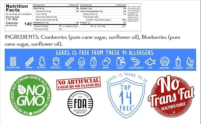 Gerbs Sweetened Blueberry &amp Cranberry Dried Fruit Snack Mix 2 lbs. | Unsulfured No Preservatives Resealable Bag | Naturally Sweet &amp Chewy with Tart Berry Flavor | Top 14 Allergen-Free