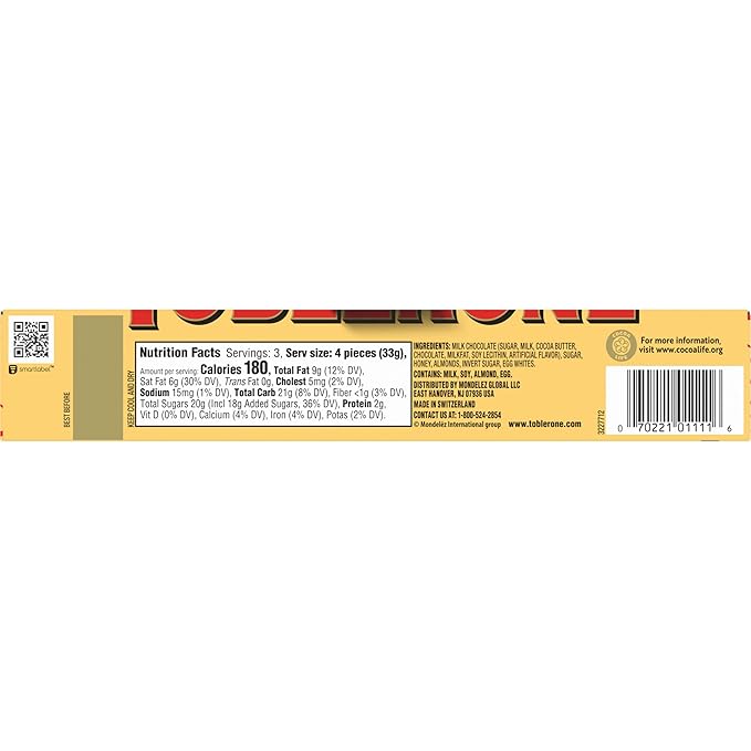 TOBLERONE Milk Chocolate Bar with Honey and Almond Nougat Valentines Day Chocolate Candy 20 - 3.52 oz Bars