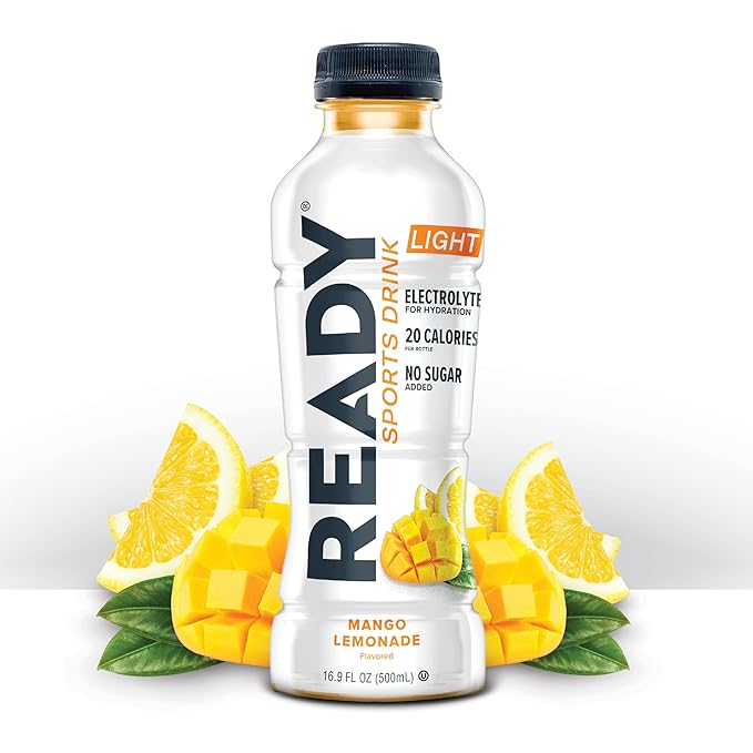 Ready® Sports Drink Light – The Ultimate Low-Calorie Hydration Drink with 4 Different Electrolytes – No Added Sugars – Naturally Sweetened &amp Flavored – Mango Lemonade16.9 oz (12-Pack)