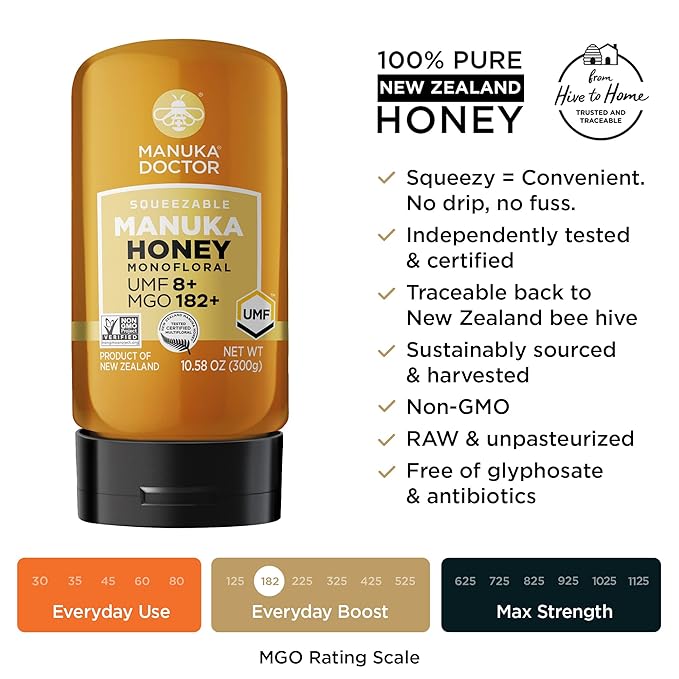MANUKA DOCTOR - MGO 182+ SQUEEZY and MGO 825+ Manuka Honey Monofloral Value Bundle 100% Pure New Zealand Honey. Certified. Guaranteed. RAW. Non-GMO