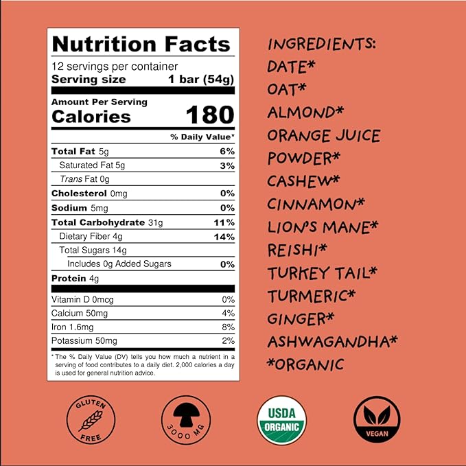WISE BAR Adaptogen Mushroom Nutrition Bars with Reishi Lions Mane &amp Ashwagandha Organic Vegan &amp Gluten Free Snacks for Natural Focus Energy &amp Immunity Support Cinnamon Turmeric Flavor