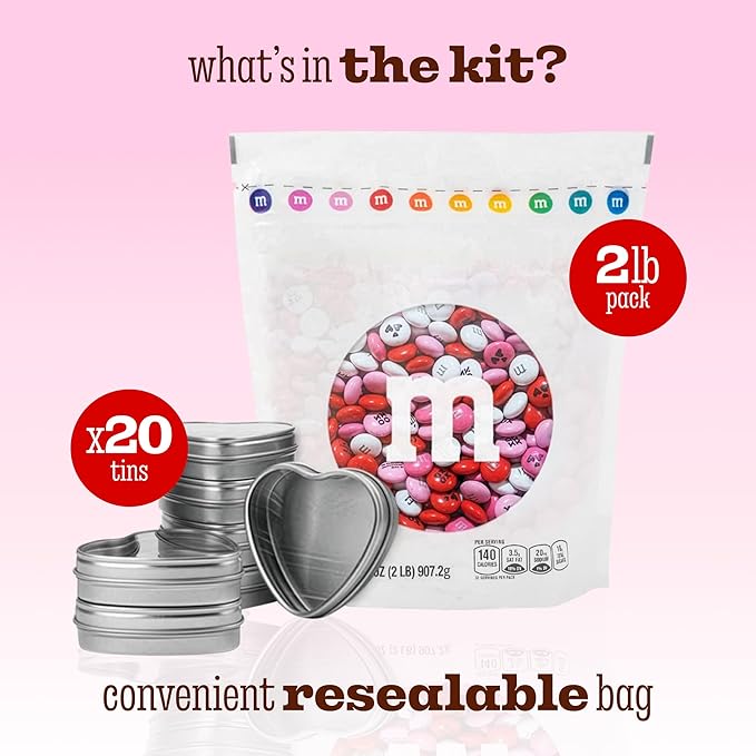 M&ampM’S Valentine's Day Chocolate Gift Kit 2lb Red Pink White M&ampM'S with Messages 20 Heart-Shaped Silver Tins for Personalized Candy Favors Galentine’s Gifts Party Favors Office Candy Treat