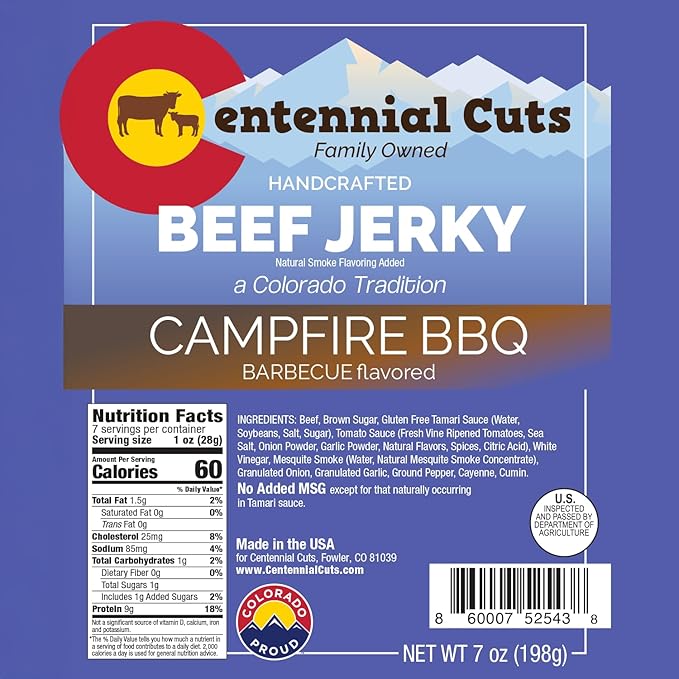 Centennial Cuts Beef Jerky – Campfire BBQ – High Protein Classic Sweet &amp Smoky Flavor – 7 oz Snack