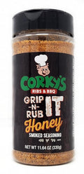 Single Bottle of Honey Smoked Grip N Rub It Seasoning Corkys Barbecue 11.64oz