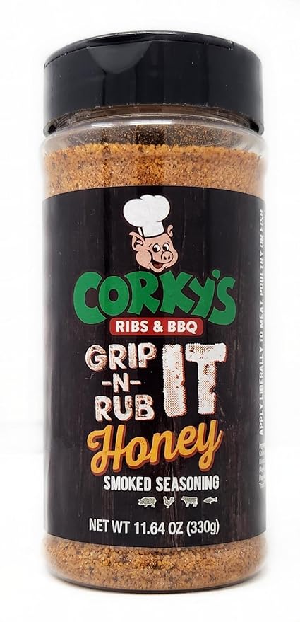 Single Bottle of Honey Smoked Grip N Rub It Seasoning Corkys Barbecue 11.64oz
