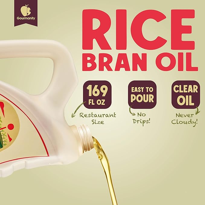 Gourmanity Rice Bran Oil Bulk 1.32 Gallon Easy Pour Bottle Heart Healthy Oil Made From 100% Pure Rice Bran Perfect for Cooking Frying &amp Skincare Non GMO Halal Kosher (169 fl oz/1.32 gal)