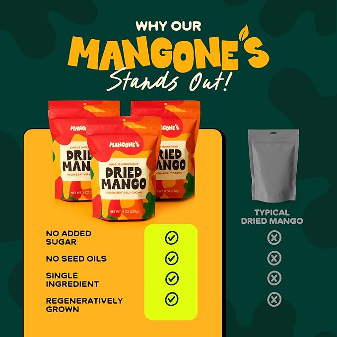 Mangone’s Organic Dried Mango 5 Packs (8 oz each) | Mango Dried Fruit Unsweetened | Single-Ingredient Dehydrated Fruit Slices | 100% Natural Dried Fruit Snacks | Soft Chewy Tropical Snack