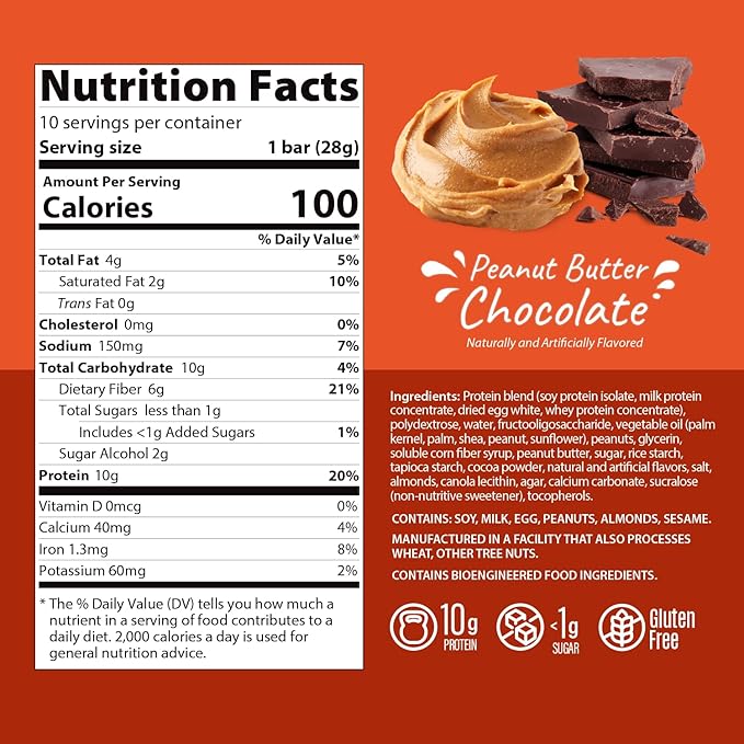 Genius Gourmet Crispy Protein Treat Chocolate Peanut Butter Keto Snack Low Carb Low Sugar &amp Gluten Free Protein Snacks for Adults 10G of Whey Protein per Protein Bar 5 Net Carbs 10 CT