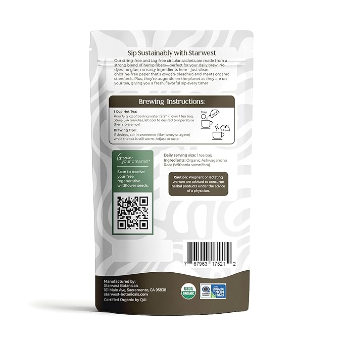 Starwest Botanicals Organic Ashwagandha Tea - Caffeine Free Herbal Tea String Free Sachets USDA Organic Ashwagandha Root Non GMO - Bulk Pack 100 Bags