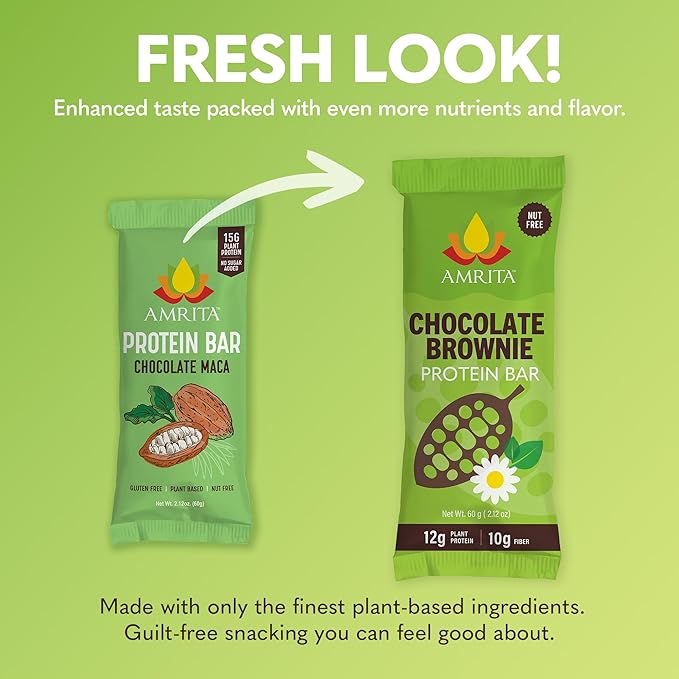 Amrita Nut Free Chocolate Brownie Vegan Protein Bars (12 Count) | 12g Plant-Based Protein Bar | Peanut Free Gluten Free and Dairy Free | Low Sugar High Fiber Healthy School-Safe Snacks
